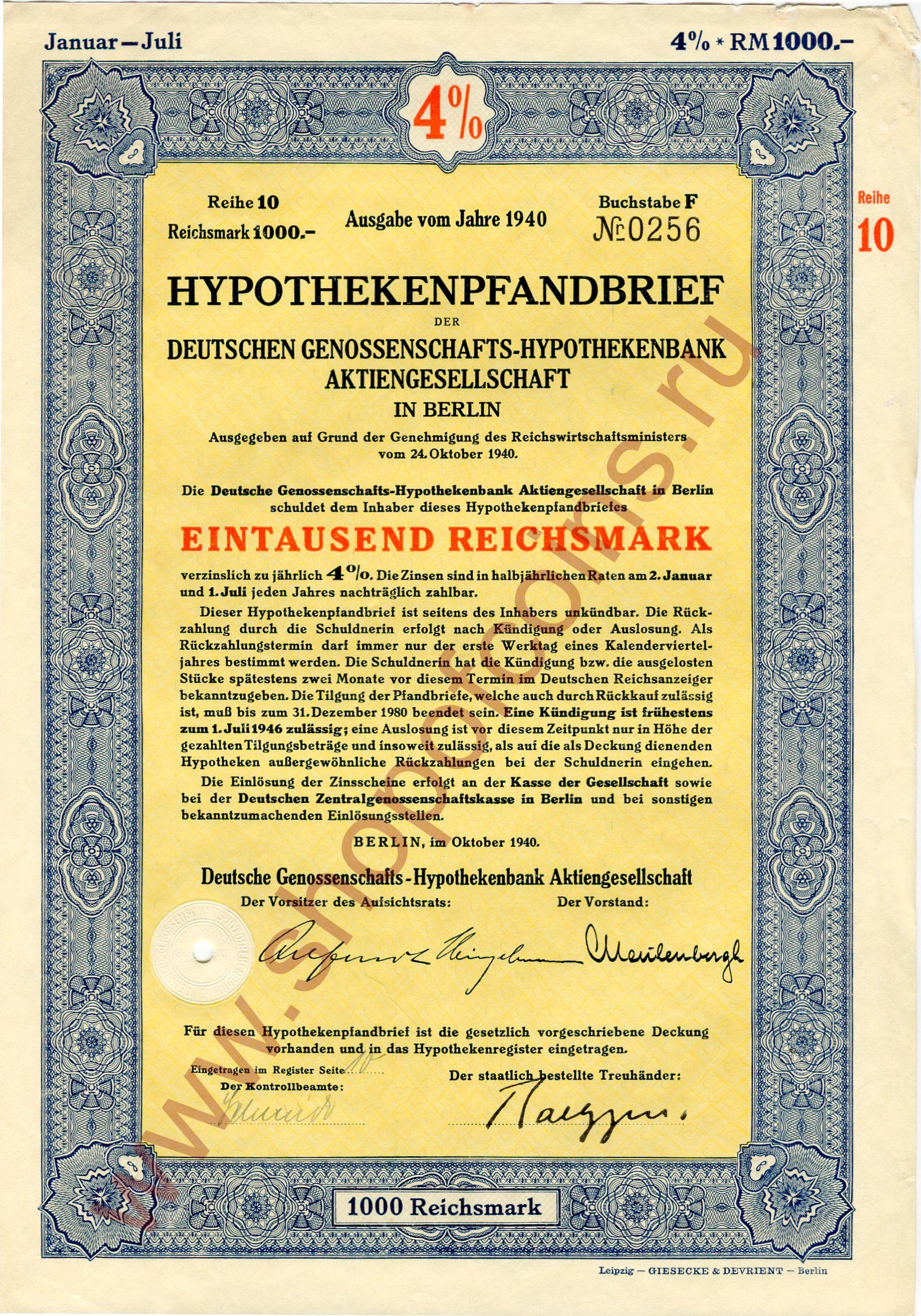 1000  1940 - Hypotekenpfandbrief ( 10)